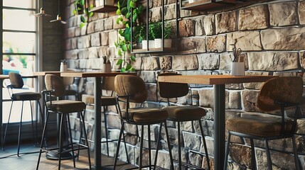 Aufkleber - Seating area with bar tables and bar chairs in a modern cafe industrial style with stone wall wood and black steel : Generative AI