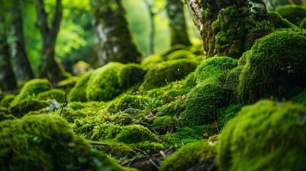 Poster - Close up lush green moss envelops the trees in the mystical woods of Torla in Ordesa National Park Spain creating an enchanting natural tapestry : Generative AI