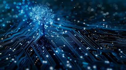 Poster - Digital tree with glowing leaves growing from a circuit board, symbolizing technology's growth and development.