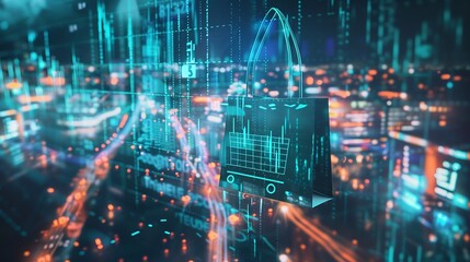 Aufkleber - Image of financial data processing over shopping bag Global shopping business finance computing and data processing concept digitally generated image : Generative AI