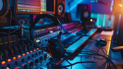 Aufkleber - Empty studio at home equipped with mixing soundboard panel and other musical instruments music industry recording Modern space with electronic controls and daw software on pc Camera A : Generative AI