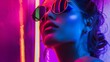 © The Little Hut - Glamour in neon illumination Striking portrait of woman wearing stylish sunglasses that reflect vibrant neon lights in background Concept of youth beauty fashion and style modern lifes : Generative AI