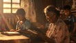 © The Little Hut - Bible worship or grandmother praying with kids or siblings for prayer support or hope in Christianity Children education family or old woman studying reading book or learning God in re : Generative AI