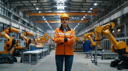 Fototapete - Female project manager standing in modern industrial factory Manufacturing facility with robotics robotic arms and automation Storing products and materials in warehouse : Generative AI