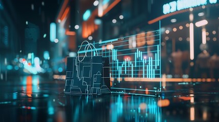 Aufkleber - Image of financial data processing over shopping bag Global shopping business finance computing and data processing concept digitally generated image : Generative AI