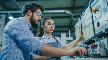 Poster - Factory apprenticeship Man mentor teaching Female employees trainee operating machine looking monitors and check Production process machinery foreman explaining woman engineer control  : Generative AI