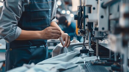 Aufkleber - Textile factory worker standing by modern industrial sewing machine and checking thread connections : Generative AI