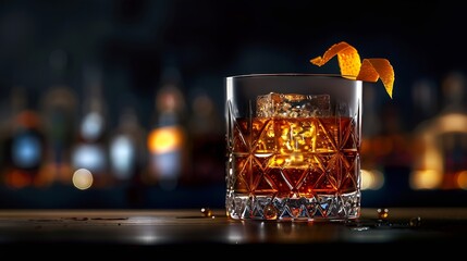 Poster - Glass of delicious Old Fashioned Cocktail on dark background : Generative AI
