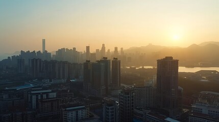Poster - Aerial view of city skyline and modern buildings at sunrise in Ningbo Zhejiang Province China East new town of Ningbo It is the economic cultural and commercial center of Ningbo City : Generative AI