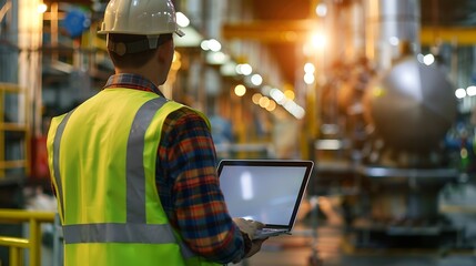 Leinwandbilder - Industrial Engineer Working at a Technology Factory Middle Aged Male Using Laptop Computer at Work Browsing Electronics Information Online Mans Back in Safety Vest Turned to Camera : Generative AI