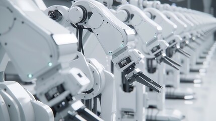 Industrial Robot Arms Assemble LithiumIon EV Battery Pack Row of White Robotic Arms at Automated Production Line at Bright Modern Factory Electric Car Manufacturing Inside Automotive S : Generative AI