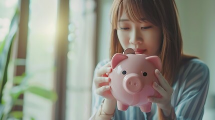 Poster - Saving money wealth concept asian young business woman hand putting coin into piggy for saving cost cash finance planning to spend enough money on her income for save money payment tax : Generative AI