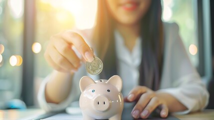 Poster - Saving money wealth concept asian young business woman hand putting coin into piggy for saving cost cash finance planning to spend enough money on her income for save money payment tax : Generative AI