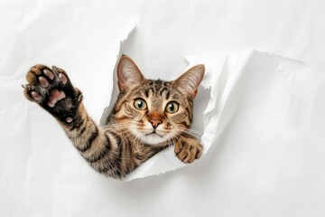 Wall Mural - Tabby Toyger cat tearing through a white paper background and reaching out, isolated on white - generative ai