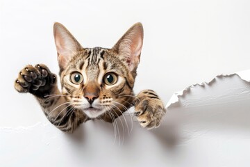 Wall Mural - Tabby Toyger cat tearing through a white paper background and reaching out, isolated on white - generative ai