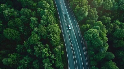 Poster - Aerial top view road in forest with car motion blur Winding road through the forest Car drive on the road between green forest Ecosystem ecology healthy environment road trip : Generative AI