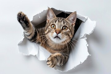 Wall Mural - Tabby Toyger cat tearing through a white paper background and reaching out, isolated on white - generative ai