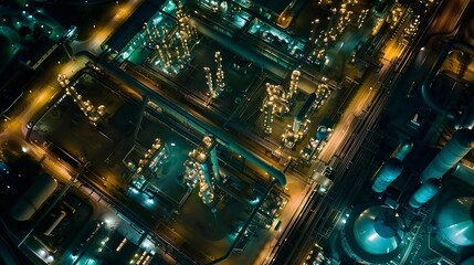 Aufkleber - Aerial top view oil and gas refinery background Business petrochemical industrial Refinery oil and gas factory power and fuel energy Ecosystem estates Fuel refinery industry at night : Generative AI