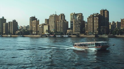 Wall Mural - Nile river with a boat by the luxurious buildings of modern Cairo Egypt : Generative AI