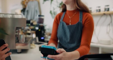 Poster - Hand, cashier and pos payment in cafe for coffee purchase, transaction or scanning mobile. Service, barista woman and customer at restaurant for bill, nfc machine or point of sale with smartphone