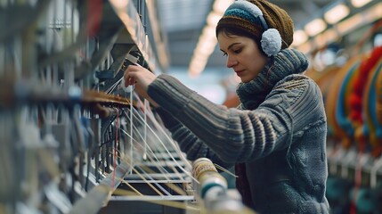 Poster - Textile industry Factory worker with earmuffs standing by large industrial knitting machine and checking threads : Generative AI