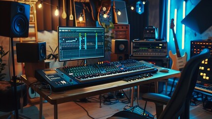 Aufkleber - Empty studio at home equipped with mixing soundboard panel and other musical instruments music industry recording Modern space with electronic controls and daw software on pc Camera A : Generative AI