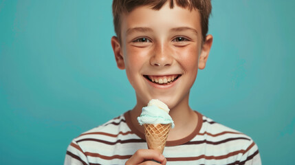 Wall Mural - Playful boy wearing striped t-shirt eating ice cream cone