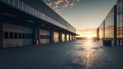 Aufkleber - Modern Industrial Warehouse at Sunset with Clear Sky : Generative AI