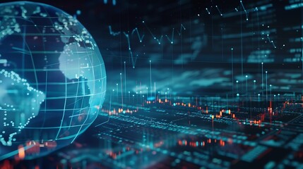 Poster - Stock market graphs and data with globe in foreground : Generative AI