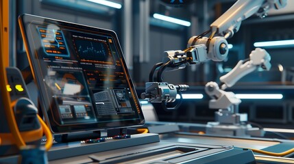Aufkleber - Computer and digital tablet for control of robots in a smart factory Smart industry 40 concept : Generative AI