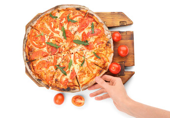 Wall Mural - Female hand with tasty pizza and tomatoes on white background