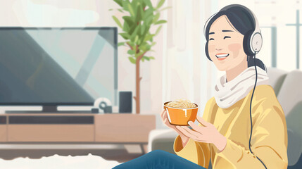 Sticker - Woman watching tv and eating noodles with headphone