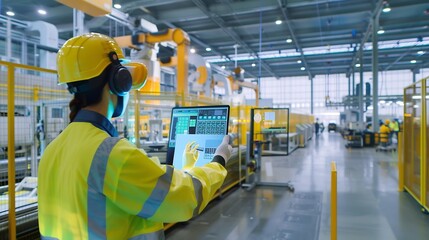 Poster - worker following factory production line uses screens with industry internet of things smart factory