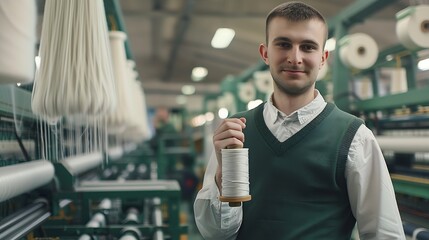 Aufkleber - Portrait of experienced worker in textile factory holding thread spool and standing by industrial knitting machine : Generative AI