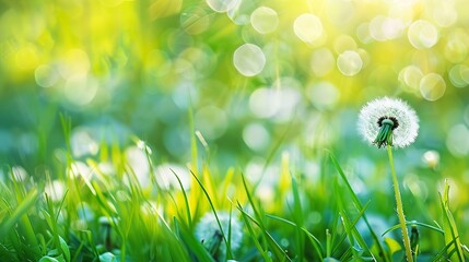 Leinwandbilder - White dandelion in a green grass on a forest meadow Macro image shallow depth of field Abstract summer nature background : Generative AI