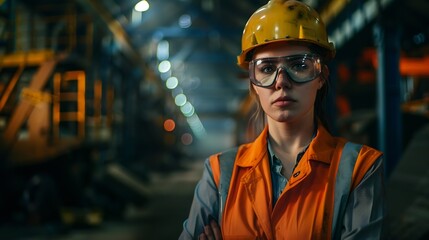 Poster - Portrait of a heavy equipment female engineer from a huge industry who came to inspect the metal sheet factorys machinery : Generative AI