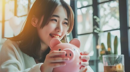 Poster - Saving money wealth concept asian young business woman hand putting coin into piggy for saving cost cash finance planning to spend enough money on her income for save money payment tax : Generative AI