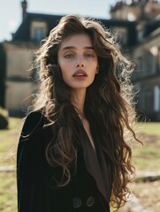 Wall Mural - Frontal portrait of a beautiful brunette girl with long wavy hair, with refined facial features, wearing a fitted, silhouetted black Dior-style jacket, for the cover of Vogue magazine, standing in the