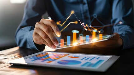 Fototapete - Business 2025 analytics tools charts and graphs with statistics to analyze business potential and forecast future development of companies growth Businessman using a tablet : Generative AI