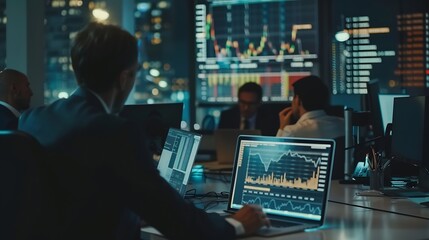 Poster - Team laptop and business people in office at night with stock market charts for corporate investment Discussion computer and financial advisors working on company profit report with de : Generative AI