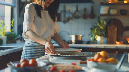 Poster - Chinese woman setting the table in the kitchen