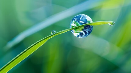 Poster - Water drop and leaf with earth for sustainability and awareness of climate change nature and environment Globe plant and droplet on blade of grass for eco friendly future and clean ene : Generative AI