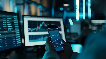 Aufkleber - Focusing on phone with discussing dynamic stock market in two business traders online website compare with pc screens in real time currency rate investment on risk data at modern offic : Generative AI