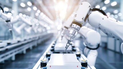Poster - Industrial Robot Arms Assemble LithiumIon EV Battery Pack Row of White Robotic Arms at Automated Production Line at Bright Modern Factory Electric Car Manufacturing Inside Automotive S : Generative AI