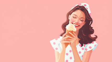 Sticker - Joyful girl wearing fashionable dress eating ice cream cone