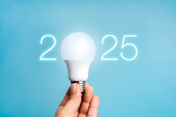 Poster - happy 2025 new year with creative idea, business innovation and technology trends concept. shining 2
