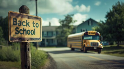 Back to school, new school year with shuttle bus and school building concept