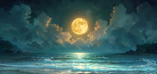 landscape illustration of a full moon shining over the ocean on a dark night