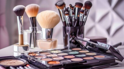 An assortment of makeup brushes and eyeshadow palettes.