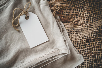 Plain folded beige t-shirt with blank tag on textured burlap fabric background rustic natural fashion product display for branding retail or mockup casual apparel eco-friendly style flatlay above view